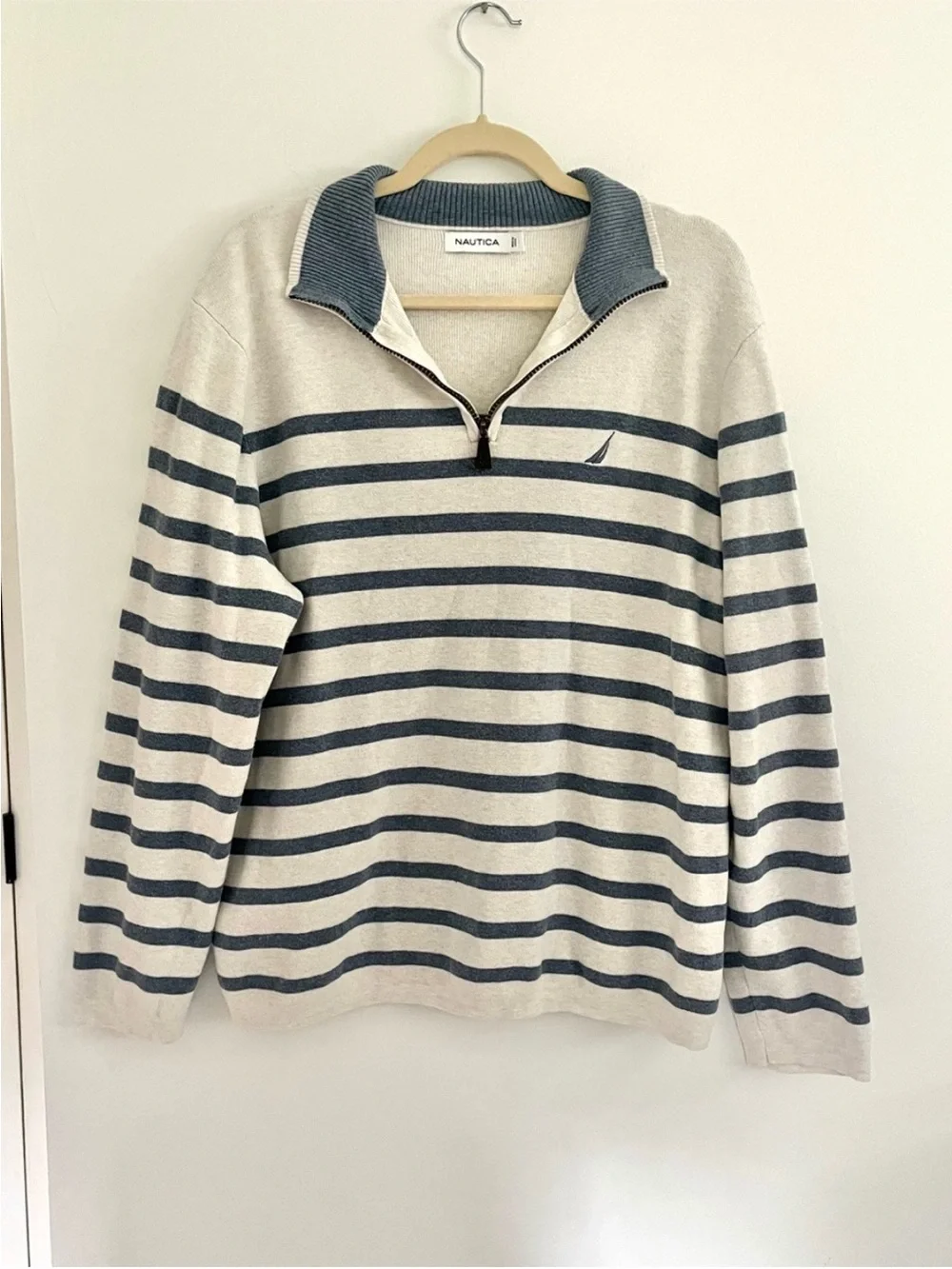 Nautica Men’s Blue Grey Striped Nautical 1/4 Zip Pullover Sweater Coastal Preppy